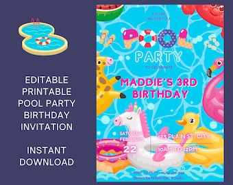Kids Pool Party Birthday Invitation, Canva Editable Template,  Pool Party Invite, Kids Printable Personalised Invitation