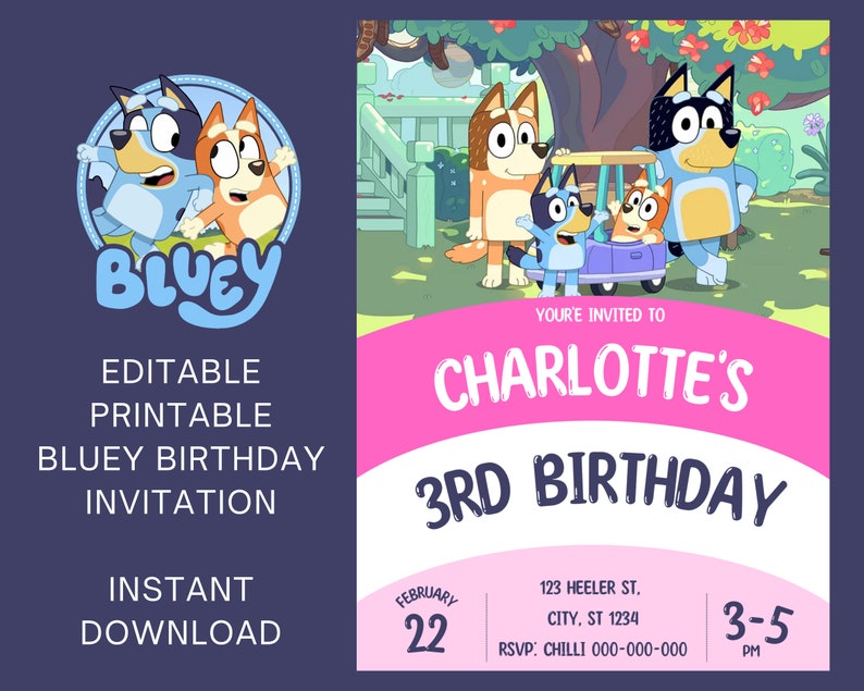 Bluey Birthday Invitation Canva Editable Template Bluey Etsy