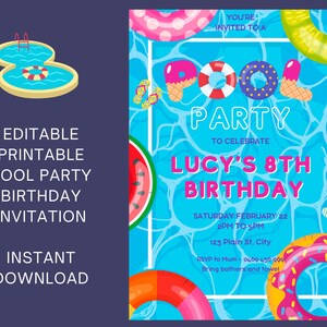 Kids Pool Party Birthday Invitation, Canva Editable Template,  Pool Party Invite, Kids Printable Personalised Invitation