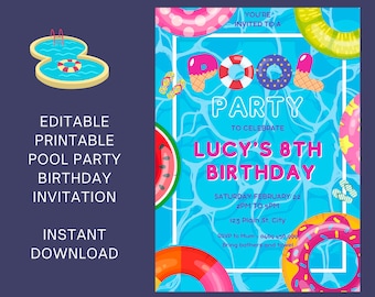 Kids Pool Party Birthday Invitation, Canva Editable Template,  Pool Party Invite, Kids Printable Personalised Invitation