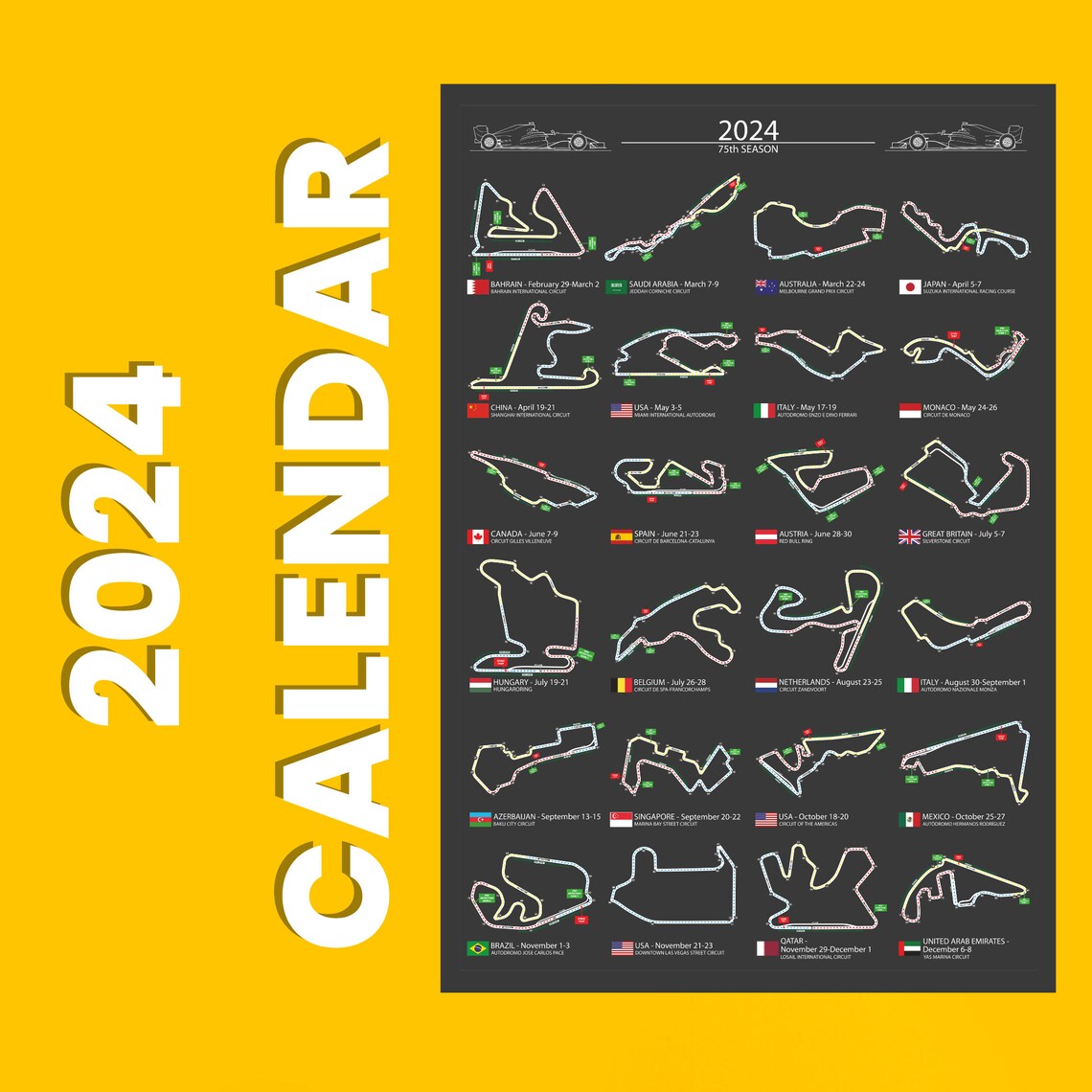 F1 2024 Calendar Wall Art, Formula 1 2024 Season Detailed Wall Calendar