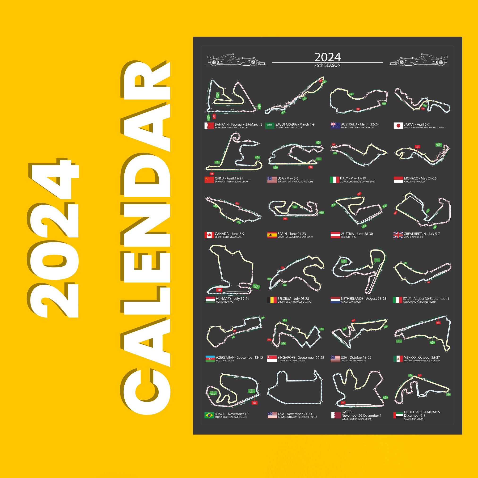 F1 2024 Calendar Wall Art, Formula 1 2024 Season Detailed Wall Calendar