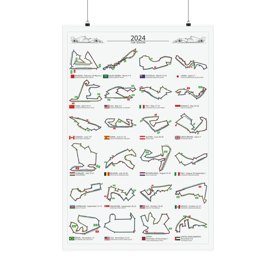 Afdrukbare F1 2024 kalender kunst aan de muur Formule 1 poster voor