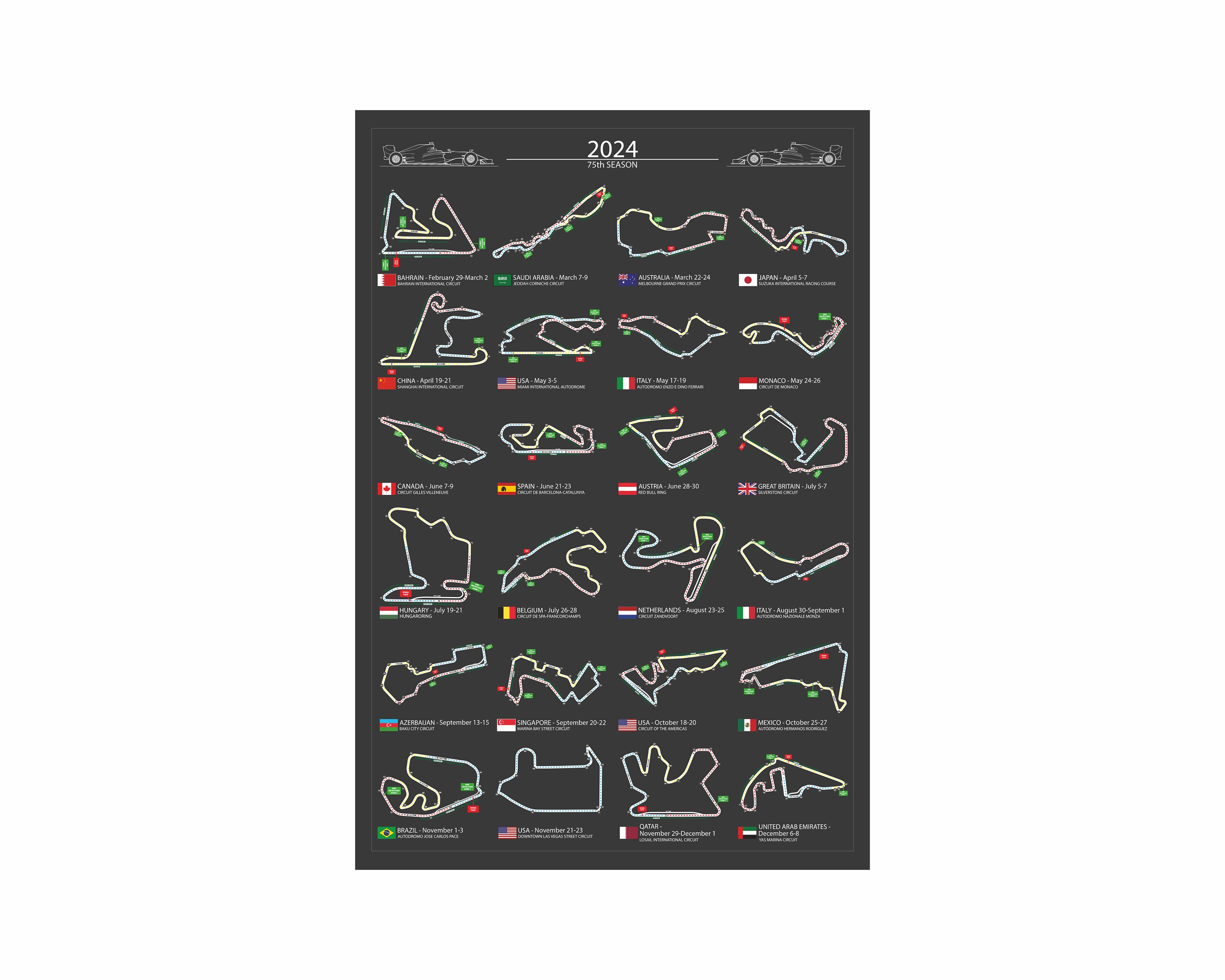 Printable F1 2024 Calendar Wall Art Formula One Poster for Wall, F1