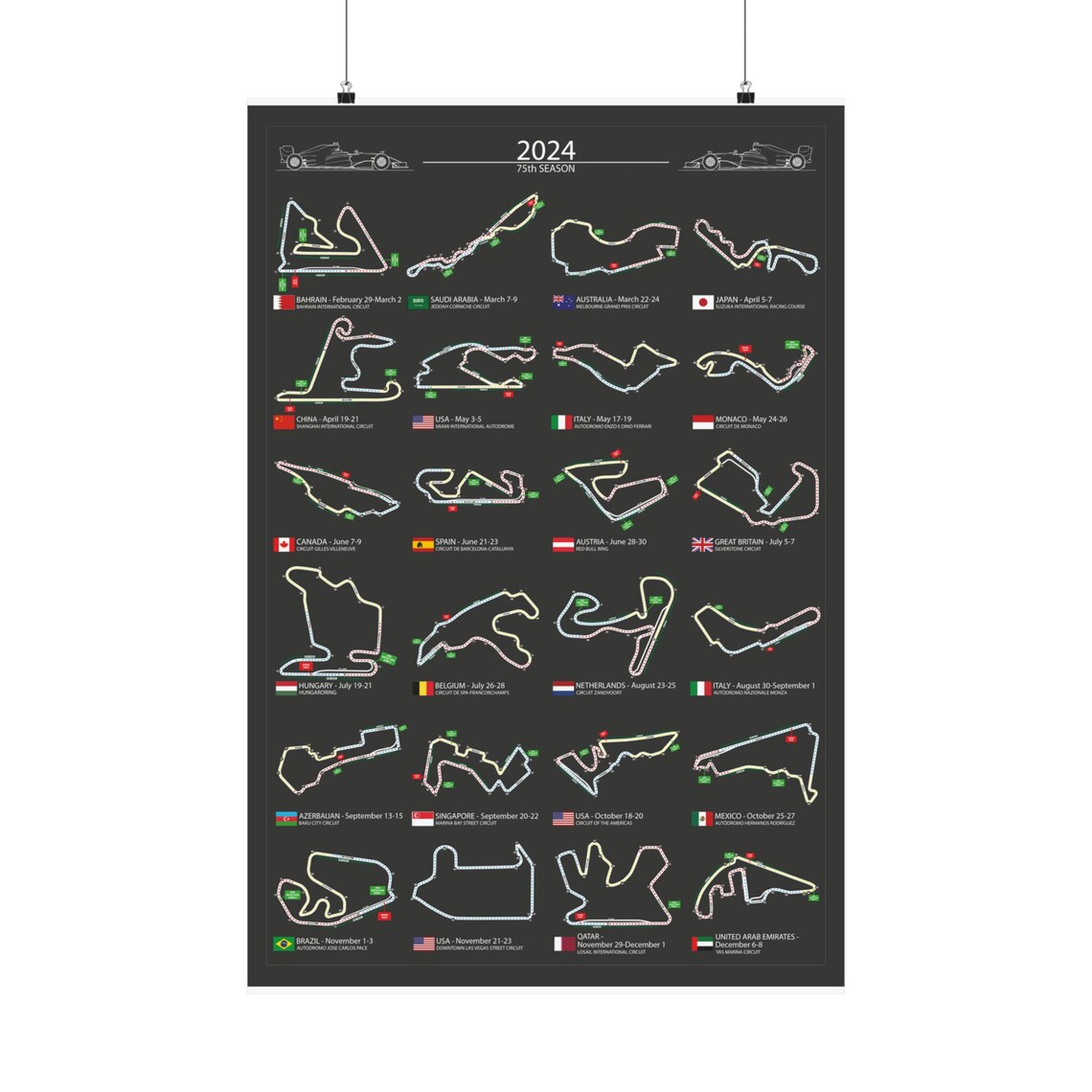 Printable F1 2024 Calendar Wall Art Formula One Poster for Wall, F1