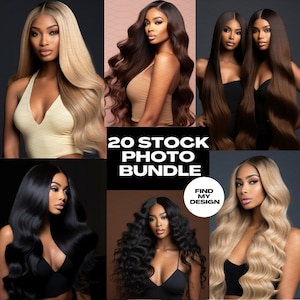 May include: A collage of photos featuring women with long, flowing hair in various styles. The photos are arranged in a grid pattern and include a title that reads "20 Stock Photo Bundle".
