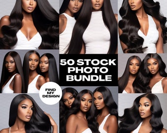 50 Stock Foto Zwarte Schoonheidsbundel | Haarverlenging, pruik, make-up, zwarte vrouw, AI | Professionele afbeeldingen Hoge kwaliteit HD | Directe download