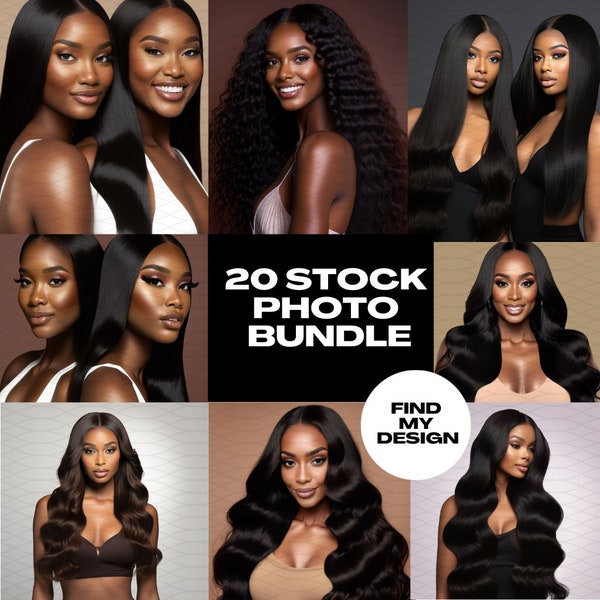 20 Foto de stock Paquete de belleza negra / Extensión de cabello, Peluca, Maquillaje, Mujer negra, AI / Imágenes profesionales Alta calidad HD / Descarga instantánea