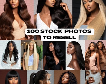 Könnte beinhalten: Eine Collage aus Fotos, die Frauen mit verschiedenen Frisuren zeigen, darunter langes, glattes Haar, lockiges Haar und Zöpfe. Die Fotos sind vor verschiedenen Hintergründen aufgenommen, darunter eine rosa Wand, eine schwarze Wand und eine weiße Wand. Der Text "100 STOCK PHOTOS TO RESELL" wird in der Mitte der Collage angezeigt.