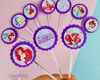 The Little Mermaid Inspired Cupcake Toppers, Ariel Birthday Party Decor, Topo de Docinho Cupcake A Pequena Sereia 10pc, 20pc, 30pc