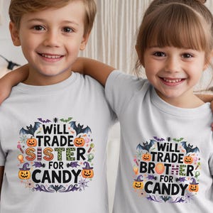 Matchande syskon Halloween sublimerade t-shirts, byter syster/bror mot godis, barnset i polyester för hösten