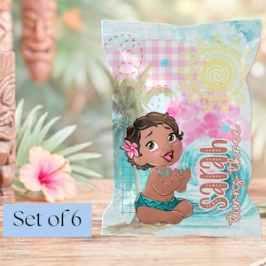 May include: A rectangular party favor bag featuring a cartoon illustration of a toddler with dark hair and a flower, a yellow sun, blue ocean waves, and the text Sarah turns three. The bag has a light blue and pink watercolor background design.