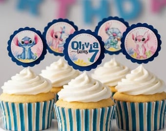 Stitch Inspired Personalized Cupcake Toppers, Stitch Birthday Party Decor, Topo Docinho Cupcake Personalizado Stitch 10pc, 20pc, 30pc