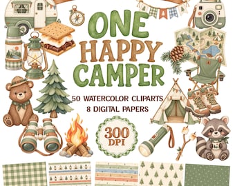 One Happy Camper Clipart Bundle, Watercolor Camping Clipart, First Birthday PNG, Woodland Animals, Campfire Tent Camper Digital Download