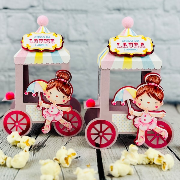 Pink Circus Themed Favor Box Popcorn Cart Set of 2 - Circus Watercolor Baby Shower Theme - Carrinho de Pipoca Circo Rosa Menina