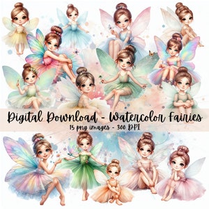 Fairies Watercolor Clipart PNG Digital Download, Fairies PNG Bundle on Transparent Background