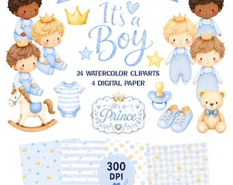 It's a Boy Blue Clipart Set, Watercolor Baby Shower PNG, It’s a Boy Clipart, Baby Boy Nursery Clipart, Blue Newborn Digital Download
