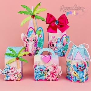Stitch Favor Boxes Set of 5, Stitch and Angel Birthday Party Favor Boxes, Caixinhas Personalizadas Stitch