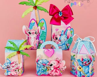 Stitch Favor Boxes Set of 5, Stitch and Angel Birthday Party Favor Boxes, Caixinhas Personalizadas Stitch