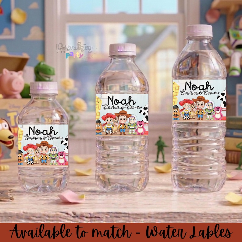 Pu&ograve; includere: Tre bottiglie d'acqua in plastica trasparente con tappi rosa chiaro, ognuna dotata di un'etichetta personalizzata con il testo Noah turns two e una colorata illustrazione grafica di vari personaggi dei cartoni animati.