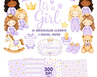 It's a Girl Purple Clipart Set, Watercolor Baby Shower PNG, Its a Girl Clipart, Baby Girl Nursery Clipart, Lavender Newborn Digital Download