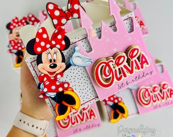 Minnie Mouse Inspired Gable Box Set of 5, Pink and Red Minnie Birthday Favor Boxes, Minnie Birthday Party, Caixa Personalizada Minnie Mouse