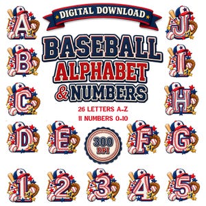 May include: A digital download set featuring a baseball-themed alphabet and numbers. Each character is decorated with a baseball cap, bat, glove, and ball. The text reads: DIGITAL DOWNLOAD, BASEBALL ALPHABET & NUMBERS, 26 LETTERS A-Z, 11 NUMBERS 0-10, 300 DPI.