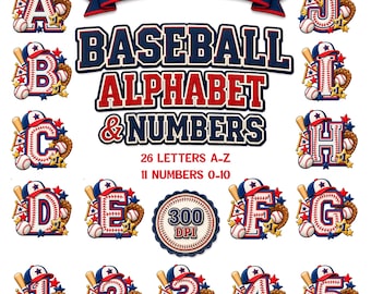 Baseball Alphabet PNG Bundle, Baseball Letters and Numbers, Varsity Alphabet PNG, Sports Letters A-Z 0-10, Digital Download