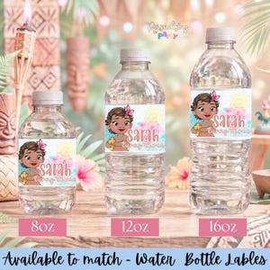 May include: Three clear plastic water bottles in 8oz, 12oz, and 16oz sizes, each featuring a custom label with a cartoon character, a yellow sun, pink clouds, and the text Sarah turns three. The labels are white with a light blue border.