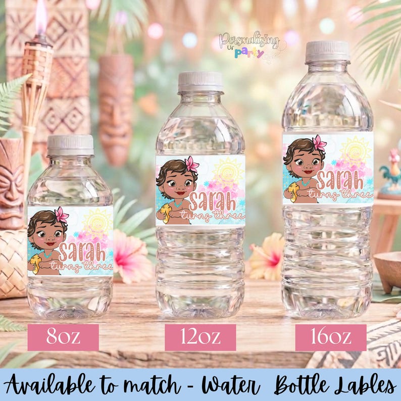 May include: Three clear plastic water bottles in 8oz, 12oz, and 16oz sizes, each featuring a custom label with a cartoon character, a yellow sun, pink clouds, and the text Sarah turns three. The labels are white with a light blue border.