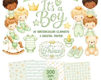 It's a Boy Green Clipart Set, Watercolor Baby Shower PNG, It’s a Boy Clipart, Baby Boy Nursery Clipart, Green Newborn Digital Download