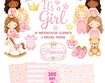 It's a Girl Pink Clipart Set, Watercolor Baby Shower PNG, It’s a Girl Clipart, Baby Girl Nursery Clipart, Pink Newborn Digital Download