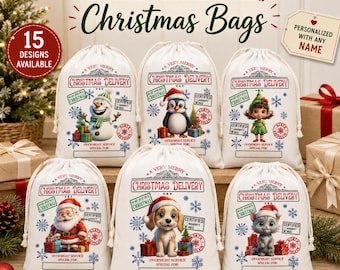 Personalized Christmas Santa Sack, Sublimated Custom Name Christmas Bag for Kids, Drawstring Gift Bag, Santa Gift Sack, Christmas Eve Bag