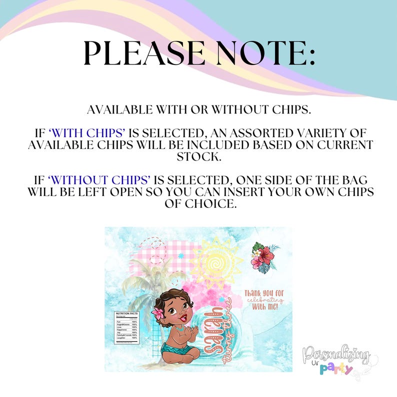 May include: A digital graphic featuring the text PLEASE NOTE: AVAILABLE WITH OR WITHOUT CHIPS. IF 'WITH CHIPS' IS SELECTED, AN ASSORTED VARIETY OF AVAILABLE CHIPS WILL BE INCLUDED. IF 'WITHOUT CHIPS' IS SELECTED, ONE SIDE OF THE BAG IS LEFT OPEN.