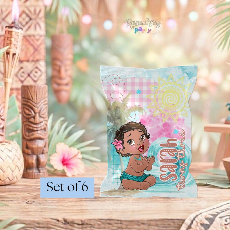 May include: A rectangular party favor bag featuring a cartoon illustration of a toddler with dark hair and a flower, a yellow sun, blue ocean waves, and the text Sarah turns three. The bag has a light blue and pink watercolor background design.