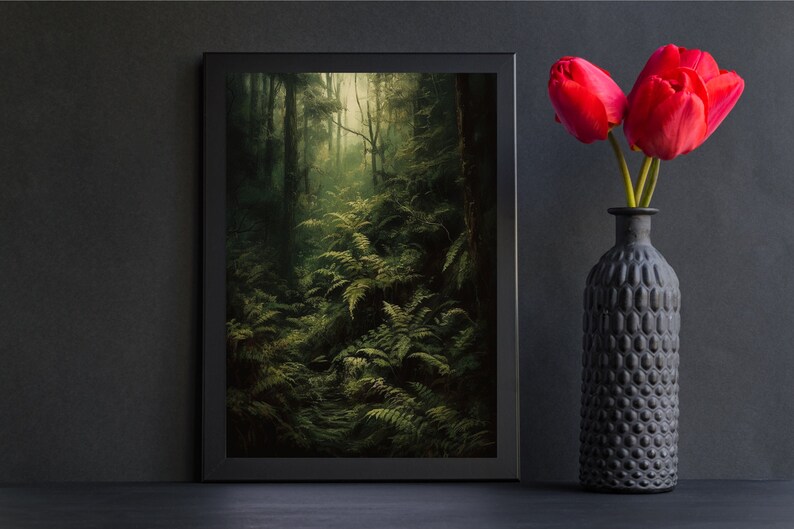 Forest Ferns Vintage Oil Painting Print Moody Forest Wall Etsy