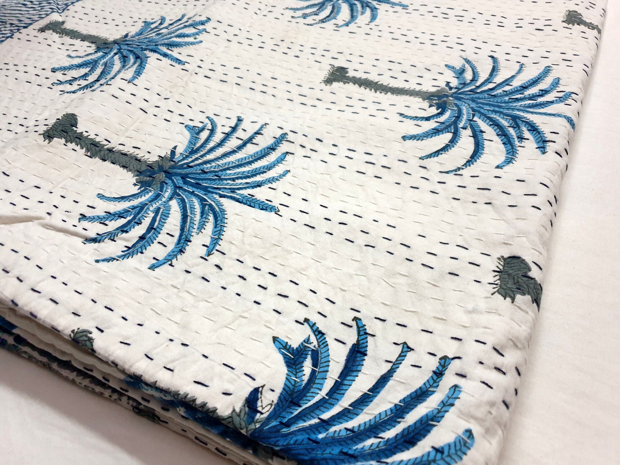 Indian Kantha Quilt Palm Tree Kantha Bedspread Palm Tree Kantha Quilt