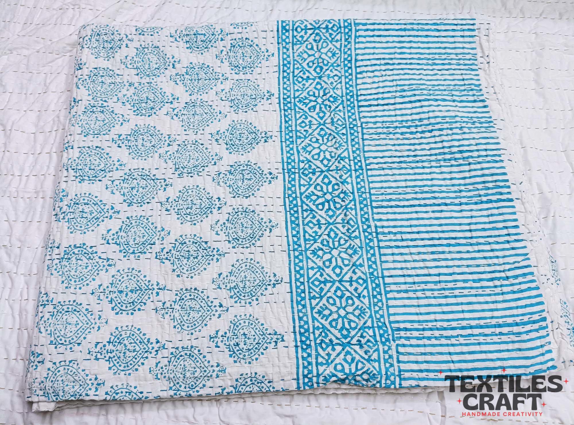Blue & White Kantha Quilt: Indian Block Print Cotton Bedspread - Etsy