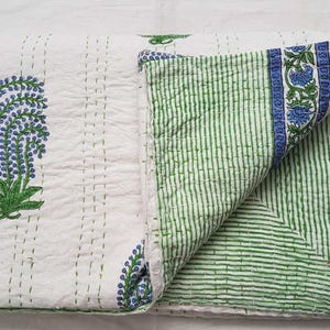 Indian New Beautiful Hand Block Kantha Quilt Green Bedspread Bedding Throw Handmade Bedsheet Queen Size Pure Cotton Kantha Quilt