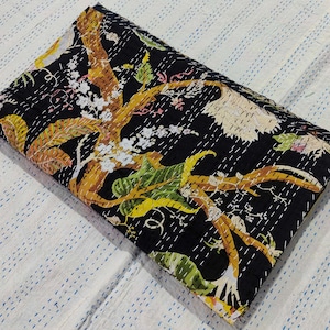 Handmade Black Floral Kantha Quilt Indian Bedspread Bedding Throw Cotton Kantha Blanket Queen Size Bed Cover Cotton Comforter Bed Sheet