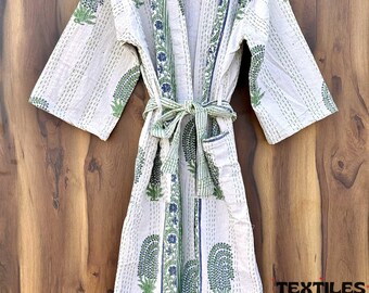 Kantha kimonojack met handblokprint: katoenen gewaad boho lange jas