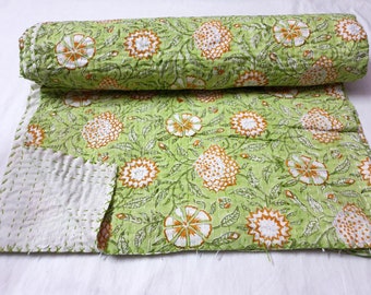Hand Block Kantha Quilt: Floral Print Cotton Bedspread
