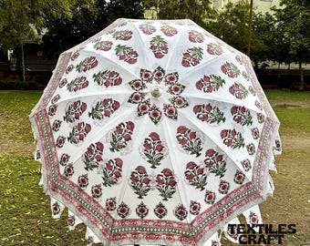 Outdoor Umbrella, Cotton Garden Patio Parasol, Pink Floral Decorative Sun Shade Parasol