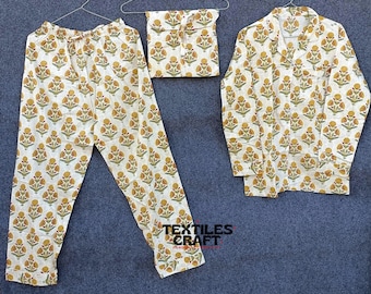 Handmade Block Printed Cotton Pajama Set: Indian Night Dress