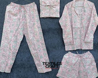 Ręcznie robiony bawełniany komplet piżamowy: Różowy kwiatowy nadruk, odzież domowa