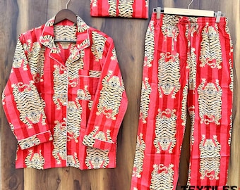 Handgemaakte katoenen pyjama: nachtkleding met tijgerprint, comfortabele slaapset, relaxte loungekleding