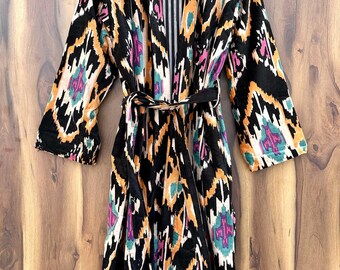 Handgemaakte fluwelen kimono-gewaad: ikat-print bruiloft bruids lange kimono