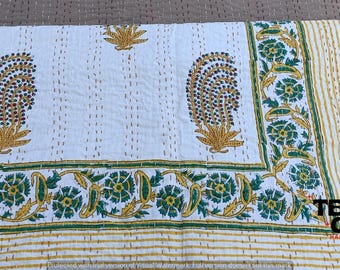 Yellow Floral Kantha Quilt: Hand Block Print Cotton Bedspread