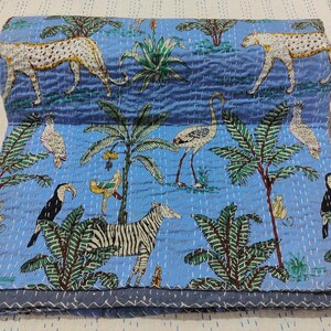 Blue Animal Print Kantha Quilt: Handmade Indian Cotton Bedspread