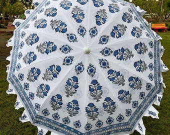 Blue Block Print Cotton Garden Umbrella: 72" Bohemian Sun Shade Patio Parasol